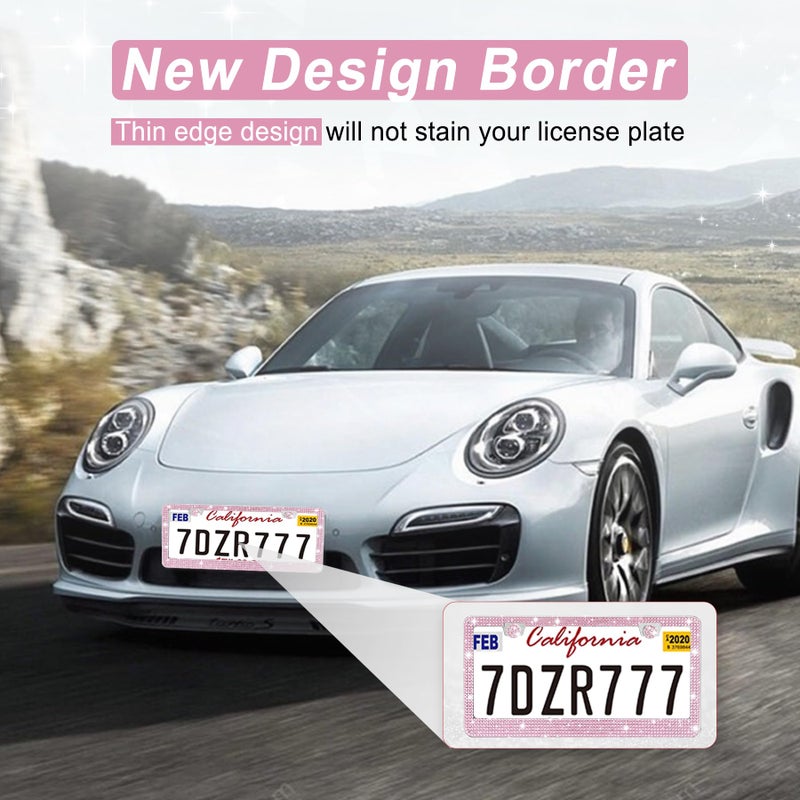 Amiss Bling License Plate Frame for Women, 2Pack Rhinestone Handcrafted Crystal Premium Stainless Steel, Stainless Steel Car Accessories with Diamond Sparkle Glitter Caps (Pink) - Image 4
