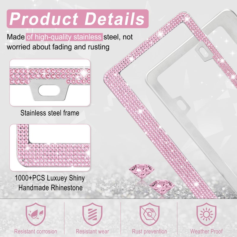 Amiss Bling License Plate Frame for Women, 2Pack Rhinestone Handcrafted Crystal Premium Stainless Steel, Stainless Steel Car Accessories with Diamond Sparkle Glitter Caps (Pink) - Image 3