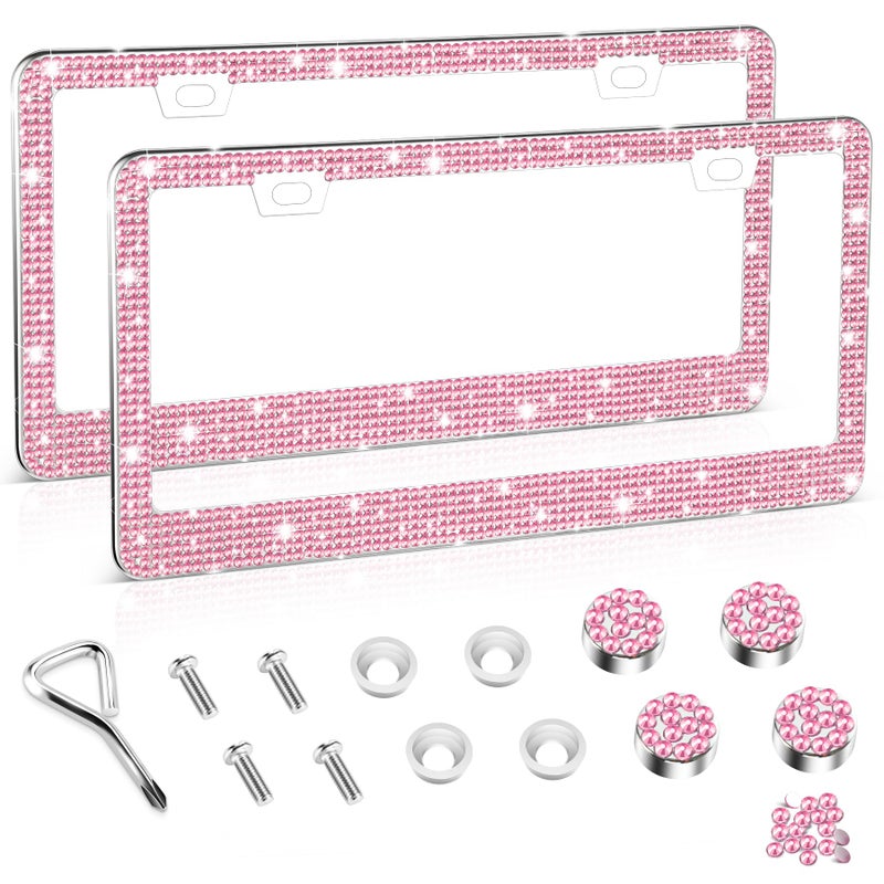 Amiss Bling License Plate Frame for Women, 2Pack Rhinestone Handcrafted Crystal Premium Stainless Steel, Stainless Steel Car Accessories with Diamond Sparkle Glitter Caps (Pink) - Image 1