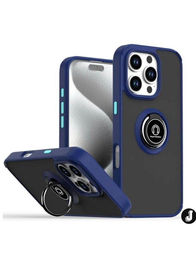 JAJEEK iPhone 16 Case Cover – Blue Matte Shockproof Bumper with Metal Ring Holder Kickstand & Car Magnetic Mount - Image 1