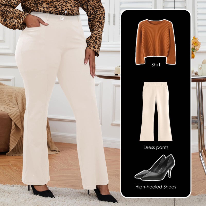 DGD Wrinkle-Free Stretch Dress Pants Plus Size for Women Pull-on Pant Ease into Comfort Office Pant Beige 3XL - Image 2