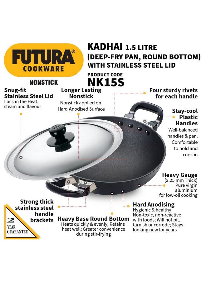 Hawkins Futura 1.5 Litre Deep Fry Pan, Non Stick Kadai with Stainless Steel Lid, Round Bottom Kadhai, Small Non Stick Kadai, Black (NK15S) - Image 2