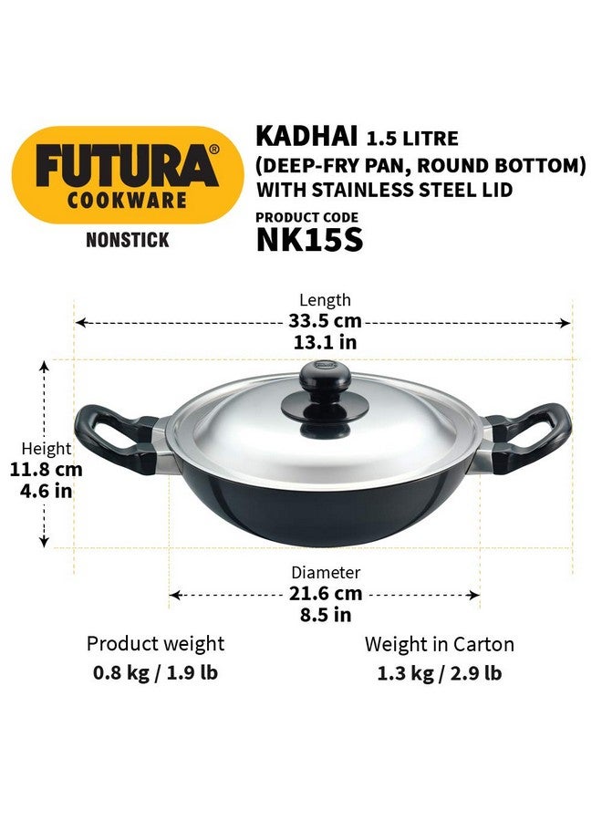 Hawkins Futura 1.5 Litre Deep Fry Pan, Non Stick Kadai with Stainless Steel Lid, Round Bottom Kadhai, Small Non Stick Kadai, Black (NK15S) - Image 3
