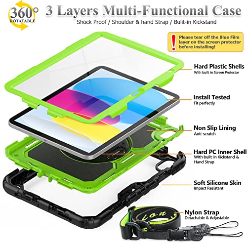 SEYMAC stock Case for iPad (A16) 11th/10th Generation 11''/10.9'' 2025/2022, Full-Body Drop Protection Case with Screen Protector &360° Rotate Hand Strap/Stand, Green+Black - Image 5