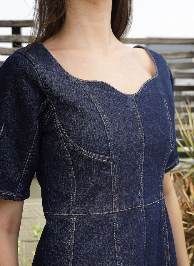 PlusS Square Neck Denim A-Line Dress for Women - Image 2