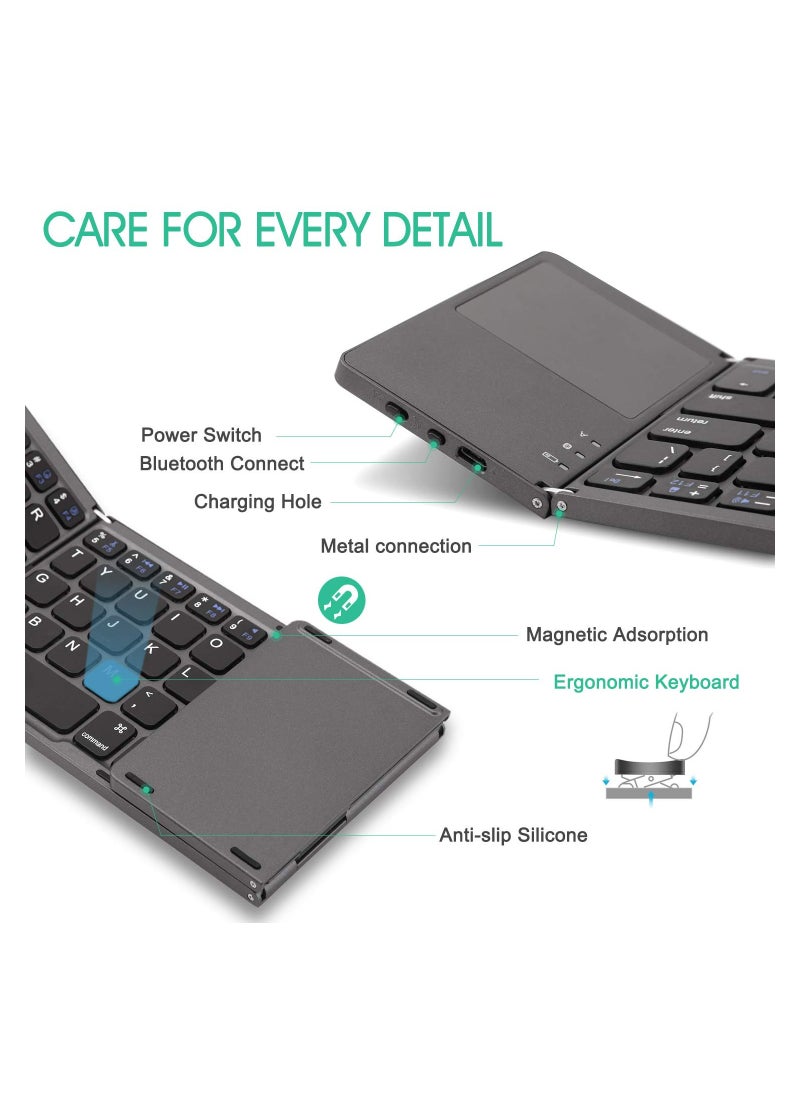 Foldable Bluetooth Keyboard, KASTWAVE Pocket Size Portable Mini BT Wireless Keyboard with Touchpad for Android, Windows, PC, Tablet, with Rechargeable Li-ion Battery - Dark Gray