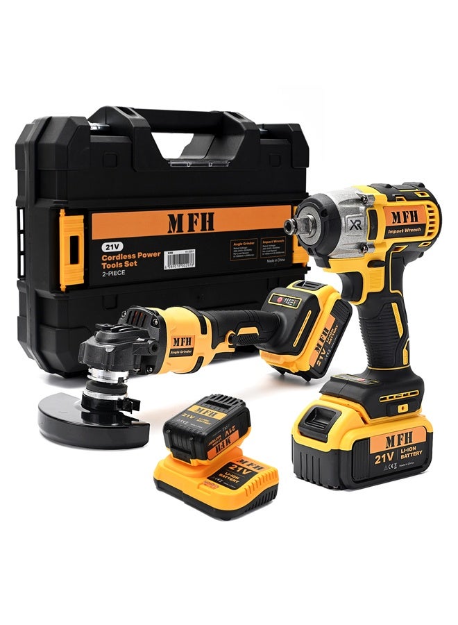 MFH TOOLS 2-Piece 21V Cordless Power Tool Set - 115mm Angle Grinder 10000-12000 RPM - Impact Wrench 0-2600 RPM - Brushless Motors Cordless Combo Kit for Metal Work, Tire Repair & Maintenance - Image 1