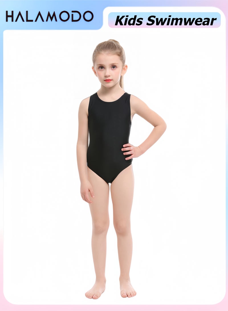 Halamodo Girls Sleeveless Leotard, Stretchy Solid Black Gymnastics Bodysuit, Breathable Ballet Dance Training Jumpsuit for Kids Practice Wear - Image 1