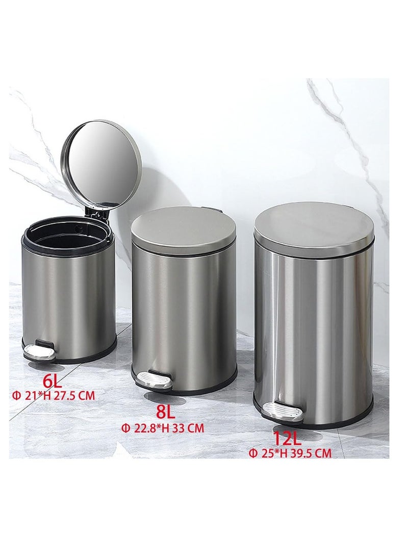 Generic - Stainless Steel Double Layer Dustbin with Pedal and Lid For Bathroom Kitchen,Silent Lidded Trash Bin,Fingerprint-Proof Modern Garbage Can,Round Bucket with Handle for Home Office (Grey, 8L) - Image 1