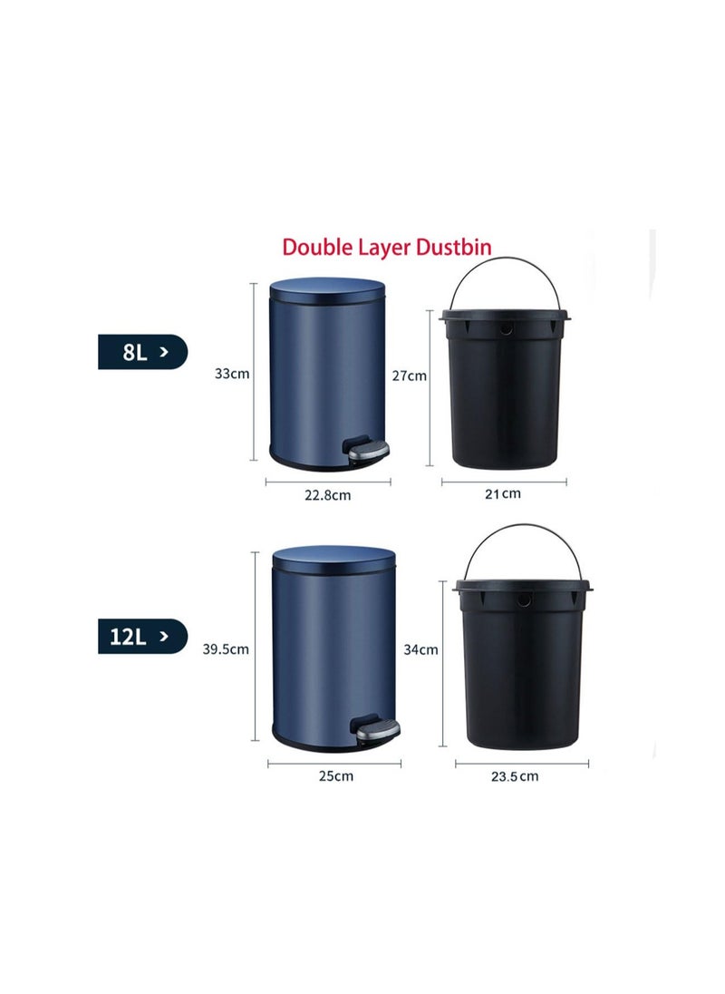 Generic - Stainless Steel Double Layer Dustbin with Pedal and Lid For Bathroom Kitchen,Silent Lidded Trash Bin,Fingerprint-Proof Modern Garbage Can,Round Bucket with Handle for Home Office (Grey, 8L) - Image 1