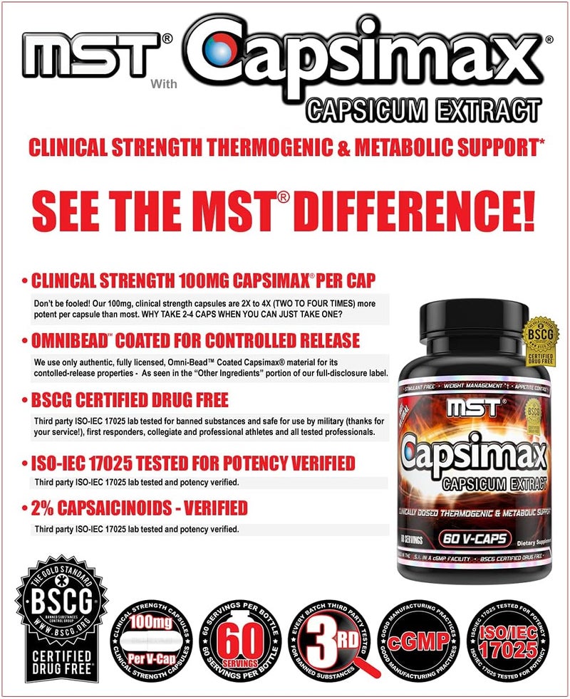 MST Capsimax Supplement 100mg V Capsules 60 Servings Clinically Dosed Weight Management Thermogenic Appetite Control Calorie Burning Metabolic Health Stimulant Free BSCG Certified - Image 5