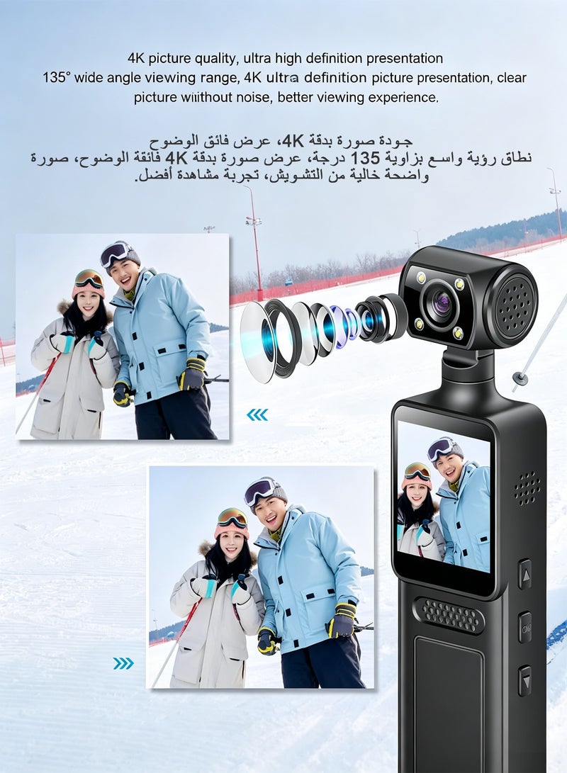 Action Camera 4K WiFi with 180° Rotating Lens and LED Light, 40MP Ultra HD, 135° Wide Angle, APP Control Water Proof Handheld Camera for Outdoor Sports, 1000mAh Long Battery - Image 3