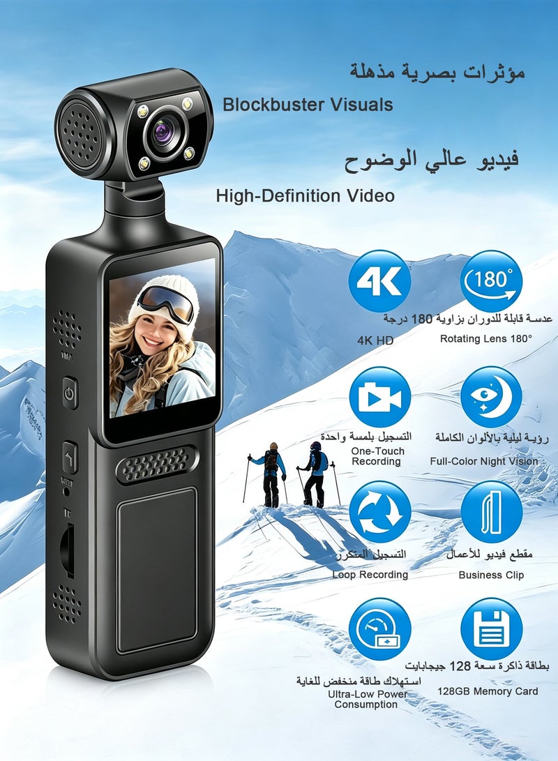 Action Camera 4K WiFi with 180° Rotating Lens and LED Light, 40MP Ultra HD, 135° Wide Angle, APP Control Water Proof Handheld Camera for Outdoor Sports, 1000mAh Long Battery - Image 2
