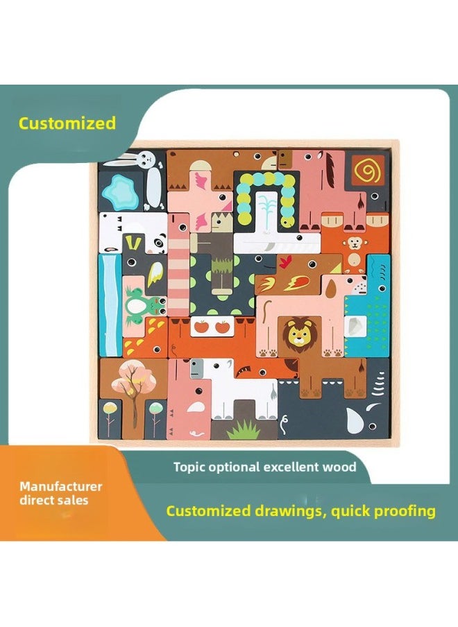 Children's Wooden Three-dimensional Puzzle Tetris Three-dimensional Animal Puzzle Puzzle Puzzle Building Block Toys Custom-Color:xbl-animal