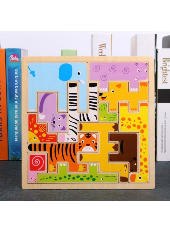 Children's Wooden Three-dimensional Puzzle Tetris Three-dimensional Animal Puzzle Puzzle Puzzle Building Block Toys Custom-Color:xbl-animal