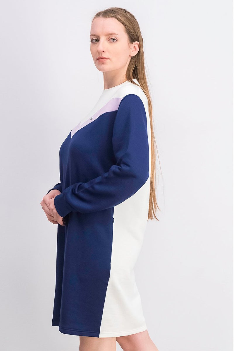 LACOSTE Women Colorblock Sweater Casual Dress, Navy and Purple and White - Image 4