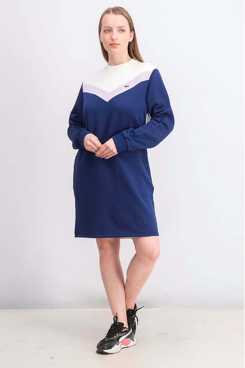 LACOSTE Women Colorblock Sweater Casual Dress, Navy and Purple and White - Image 2