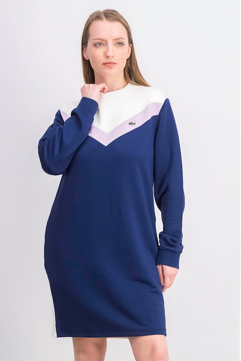 LACOSTE Women Colorblock Sweater Casual Dress, Navy and Purple and White - Image 1