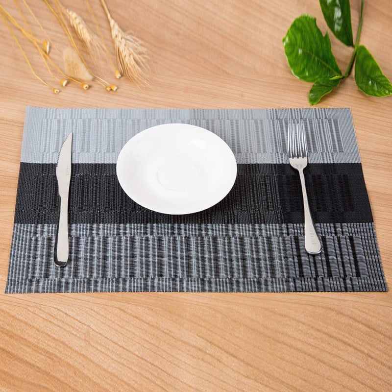 Misuhom المشيمات مع طاولة العداء مجموعة الحصير المنسوجة Crossweave Vinyl Kitchen Tablemat القابلة للغسل PVC الطاولة الحصير لحفلات طاولة الطعام مزرعة عيد الميلاد والتجمع (Silver & Black) - Image 5