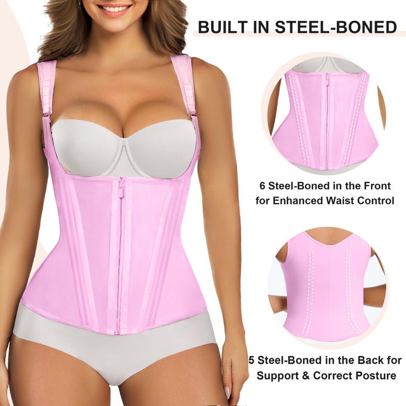 SHAPERX Waist Trainer Corset for Women Tummy Control Sport Girdle Hourglass Waist Cincher Body Shaper with Steel Boned,SZ7293-Pink-L - Image 4