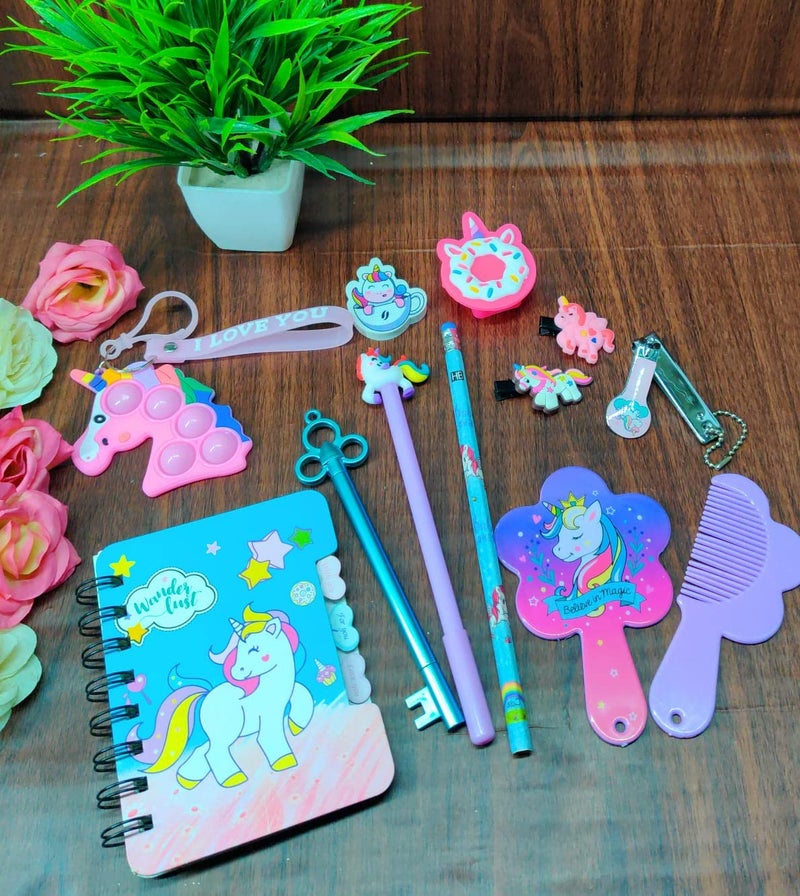 Tera13 Tera13 Unicorn Spiral DiaryPen for KidsUnicorn Pen for GirlsPencil for SharpenerEraser SetMirror Comb SetUnicorn ClipsSilicon Sharpener pop it Key Ring Return Gifts Birthday Party  - Image 1
