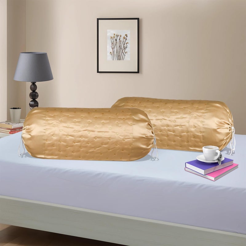 Kuber Industries 2 Pcs Aesthetic Bolster/Side Pillow Cover with Dori for Sofa & Diwan | Washable Cylindrical Takiya & Round Pillow Cover for Home Decoration | Polka Dot - Golden - Image 1