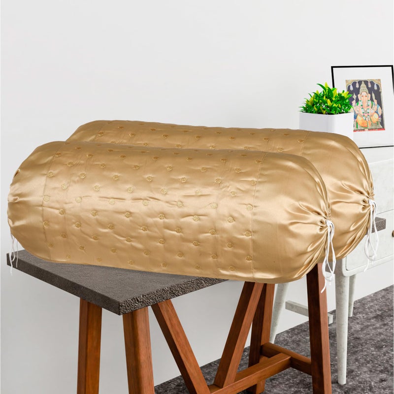 Kuber Industries 2 Pcs Aesthetic Bolster/Side Pillow Cover with Dori for Sofa & Diwan | Washable Cylindrical Takiya & Round Pillow Cover for Home Decoration | Polka Dot - Golden - Image 2