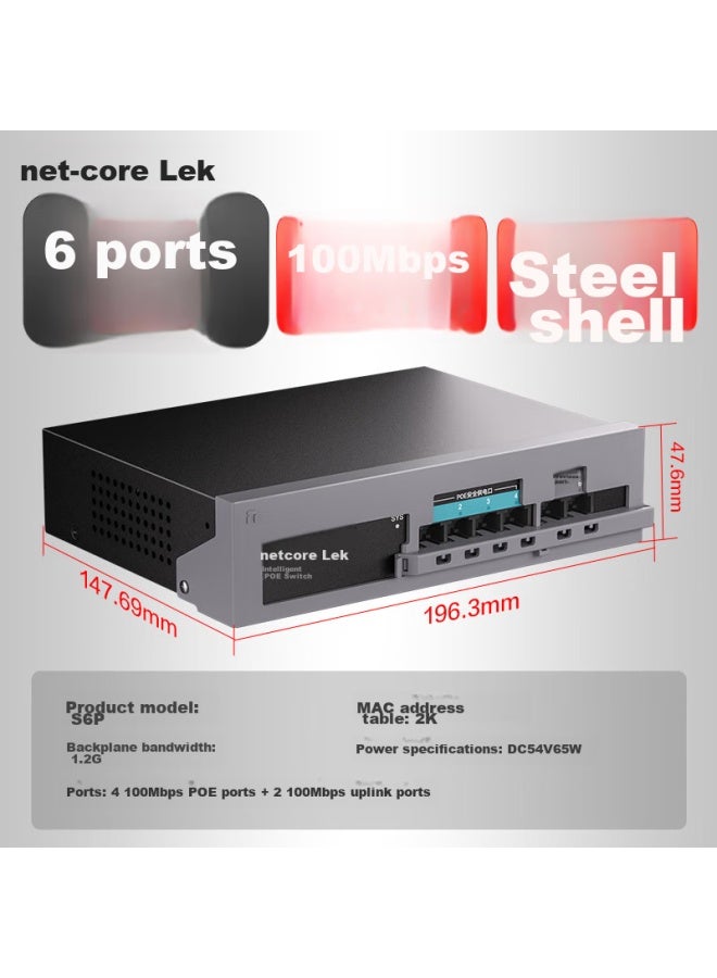 Netcore S6p 6-port 100mbps 4-port Powered Poe Switch, Security Camera Splitter, Unmanaged Network Switch For Engineering And Enterprise, Compatible With Low-voltage Junction Box - Image 1
