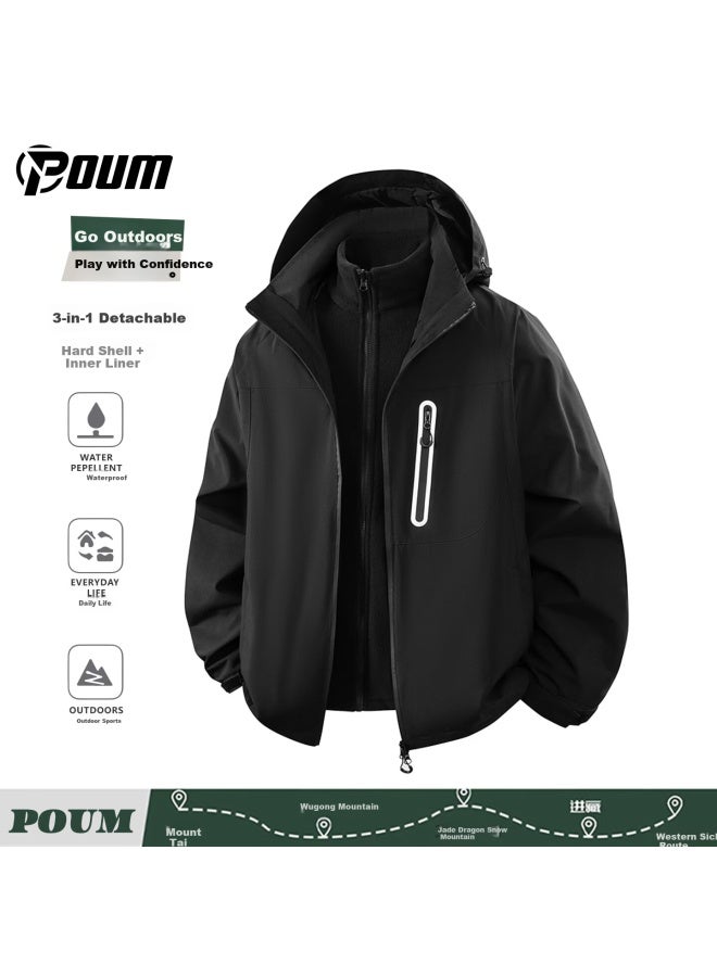 Poum Outdoor 3-in-1 Workwear Tactical Jacket Men's Spring Autumn Warm Windproof Mountaineering Coat 7777 Black L - Image 1