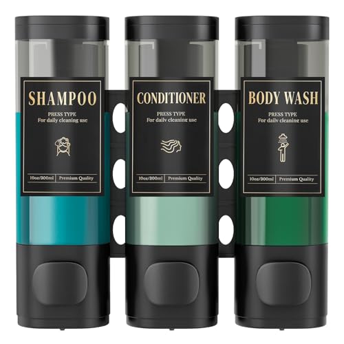 Luxspire Shampoo and Conditioner Dispenser No Drill Wall Mounted Shower Soap Dispenser 3 Chamber with Waterproof Labels Easy Refill Soap Dispenser for Bathroom Hotel Kitchen Black - Image 1