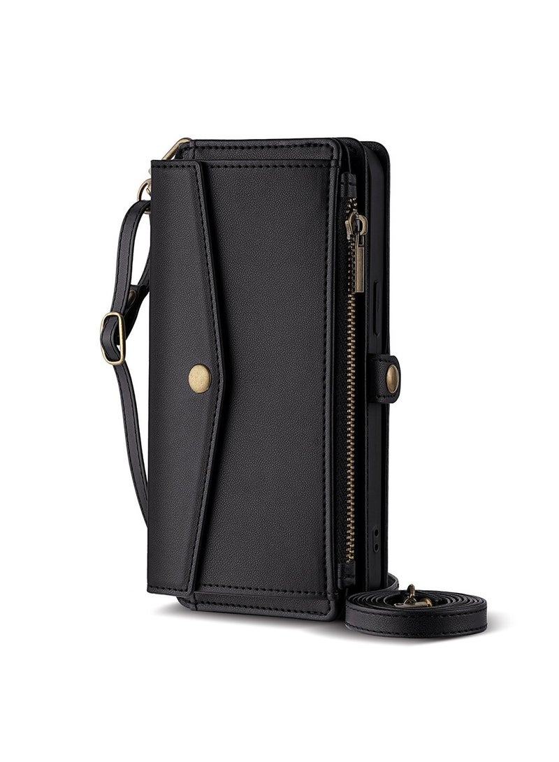 General Suitable for Apple cross-body shoulder strap leather case, iPhone 16 Pro Max/16 Pro/16 Plus/16 multi-function phone case, card wallet, mobile phone case 