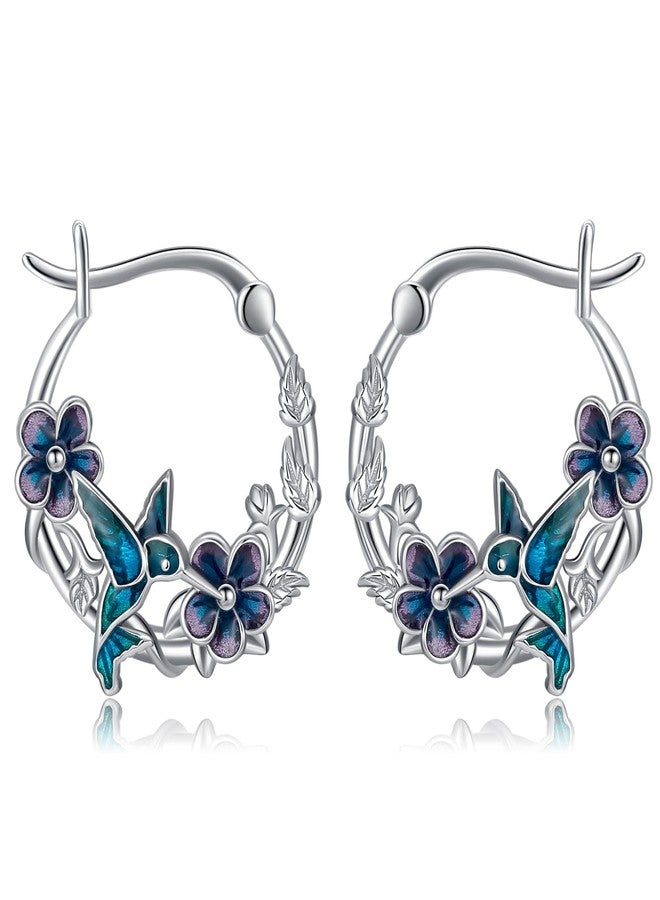 جاست كيدز توي أقراط طائر الطنان من جست كيدز توي، مصنوعة من الفضة الإسترليني عيار 925، أقراط حلقية على شكل طائر وزهرة، مجوهرات، هدايا طائر الطنان للنساء - Image 1
