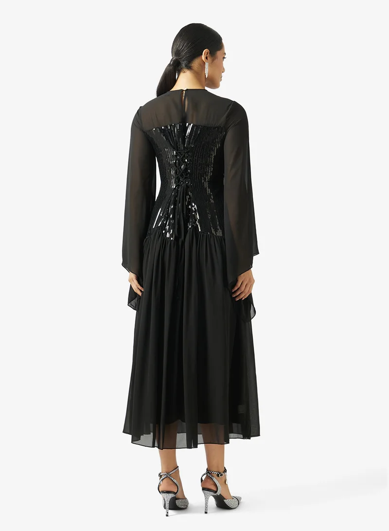 Khizana  Shimmer Corset Dress With Sheer Sleeves for Women | Best Price UAE