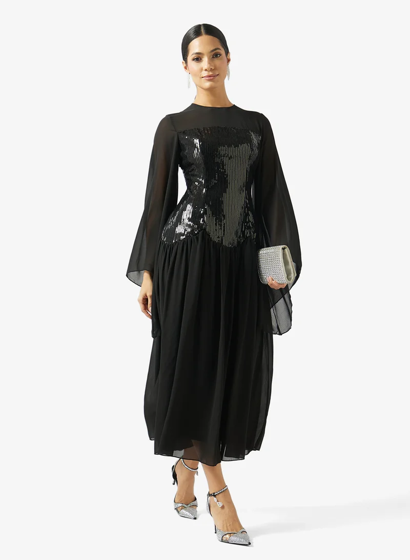 Khizana  Shimmer Corset Dress With Sheer Sleeves for Women | Best Price UAE