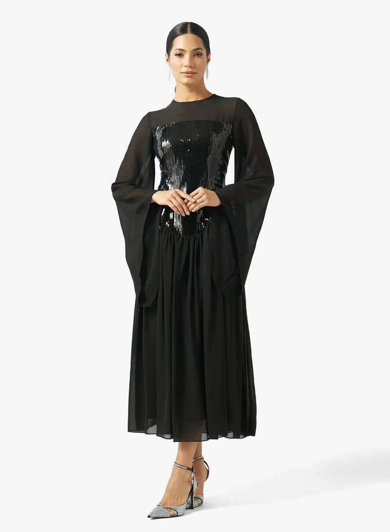 Shimmer Corset Dress With Sheer Sleeves