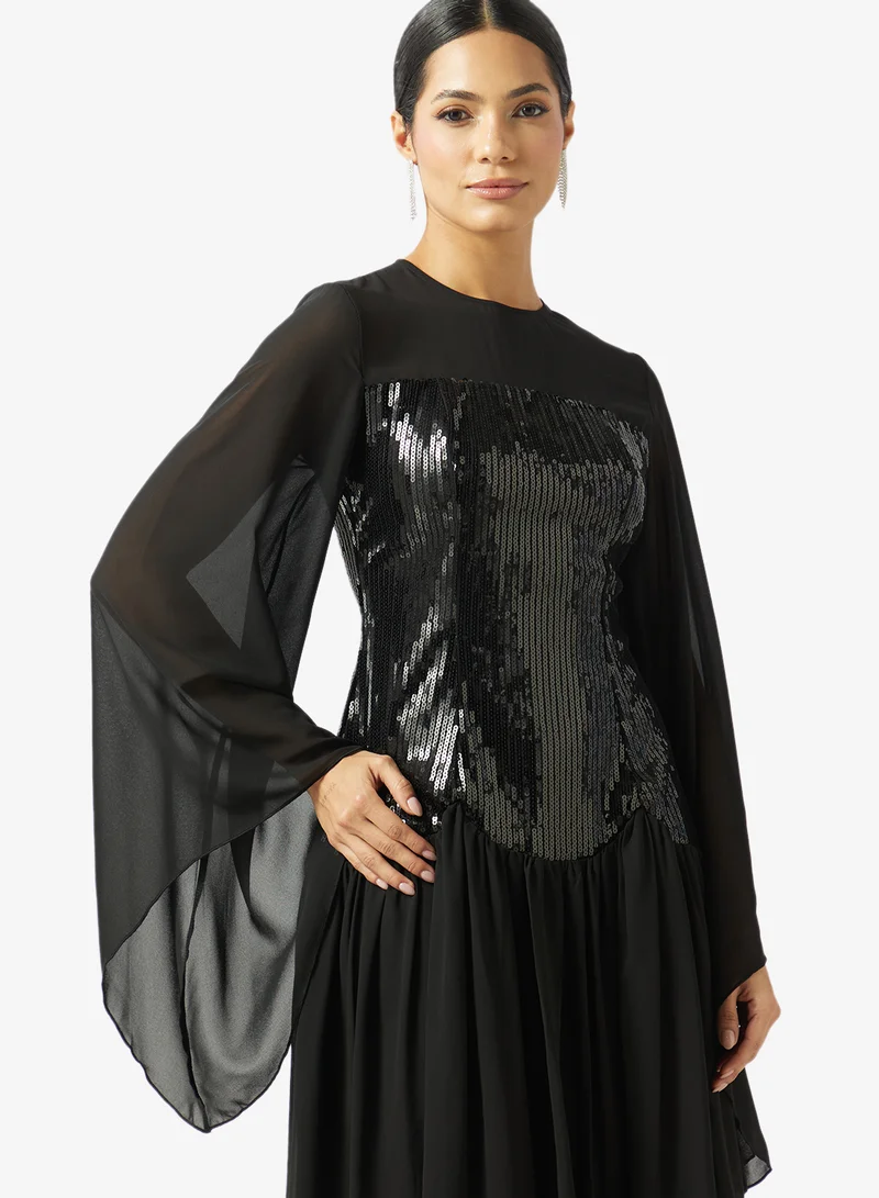 Khizana  Shimmer Corset Dress With Sheer Sleeves for Women | Best Price UAE