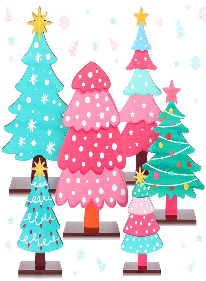 DoubleFill مجموعة دبل فيل من 6 قطع من زينة شجرة عيد الميلاد الخشبية باللون الوردي الفاتح، زينة طاولة ريفية لشجرة عيد الميلاد الخشبية مع قاعدة، مناسبة لعيد الميلاد وعطلة الشتاء، صينية متعددة الطبقات لتزيين طاولة المدفأة - Image 1