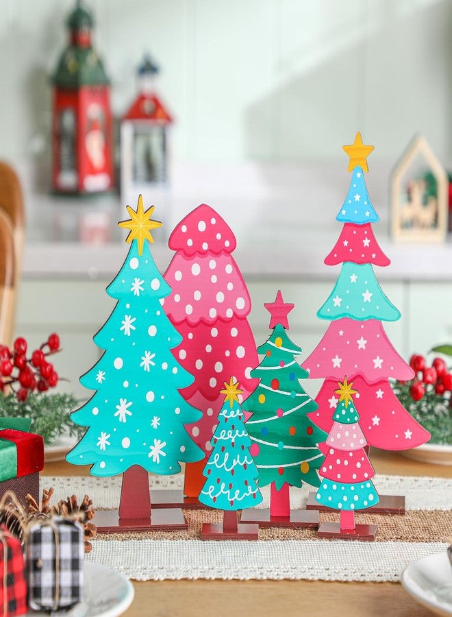 DoubleFill مجموعة دبل فيل من 6 قطع من زينة شجرة عيد الميلاد الخشبية باللون الوردي الفاتح، زينة طاولة ريفية لشجرة عيد الميلاد الخشبية مع قاعدة، مناسبة لعيد الميلاد وعطلة الشتاء، صينية متعددة الطبقات لتزيين طاولة المدفأة - Image 2