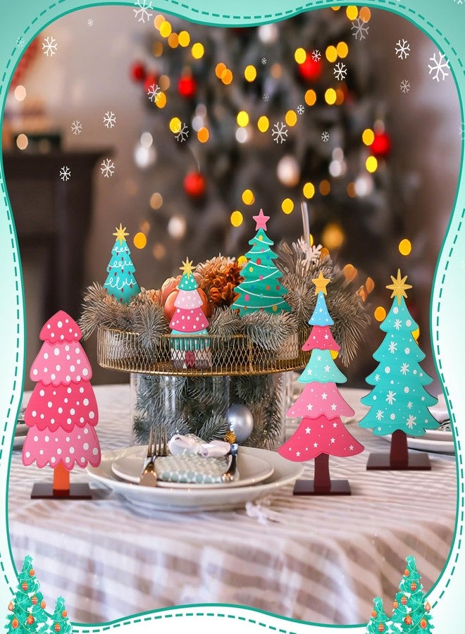 DoubleFill مجموعة دبل فيل من 6 قطع من زينة شجرة عيد الميلاد الخشبية باللون الوردي الفاتح، زينة طاولة ريفية لشجرة عيد الميلاد الخشبية مع قاعدة، مناسبة لعيد الميلاد وعطلة الشتاء، صينية متعددة الطبقات لتزيين طاولة المدفأة - Image 5
