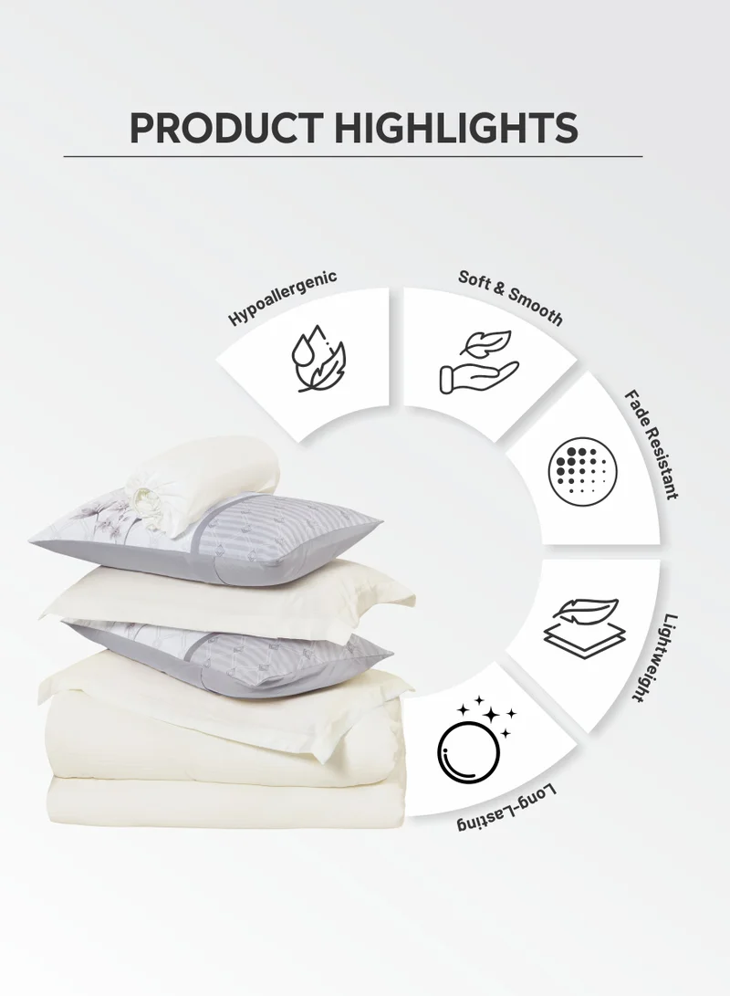 Donetella B - Light Ivory Duvet Set 4-Pcs Single Size Striped Microfiber Bed Set With 1 Duvet Cover Fits 100x200cm, 1 Fitted Sheet 1 Pillow Sham And 1 Pillowcase(Without Filler),Off white  | Best Price UAE