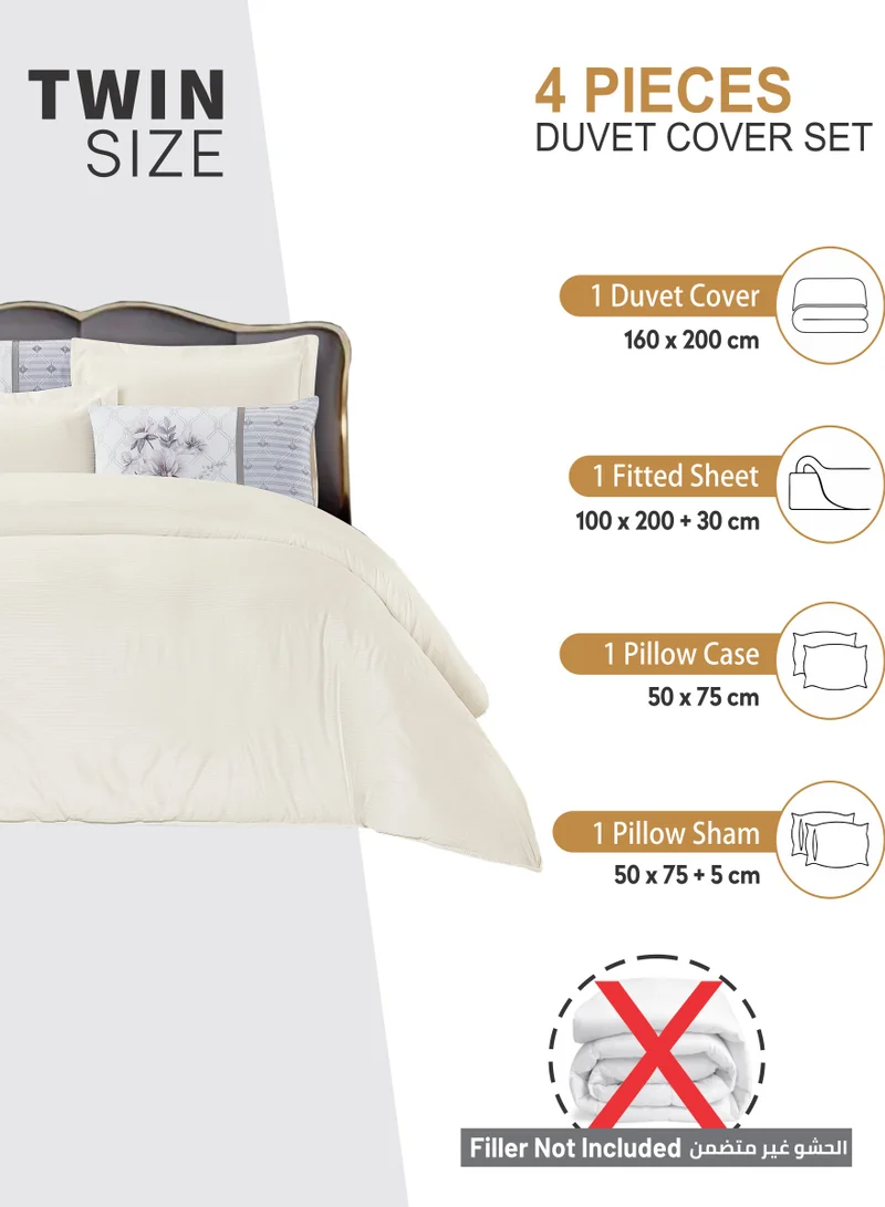 Donetella Duvet Set 4-Pcs Single Size Striped Microfiber Bed Set With 1 Duvet Cover Fits 100x200cm, 1 Fitted Sheet 1 Pillow Sham And 1 Pillowcase(Without Filler),Off white