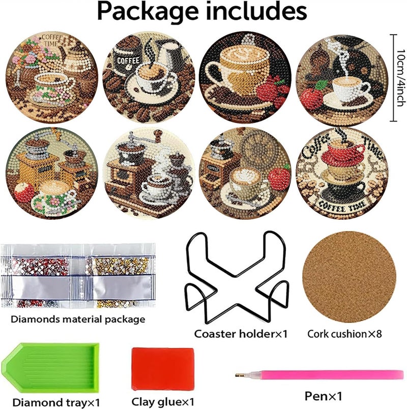 MBNTJHT 8 Pcs Coffee Diamond Art Coasters Kits with Cork Base,Diamond Painting Coasters with Holder for Adult Beginners,DIY Drink Coaster Art Craft Supplies for Home Decor 4x4 Inch. - Image 2