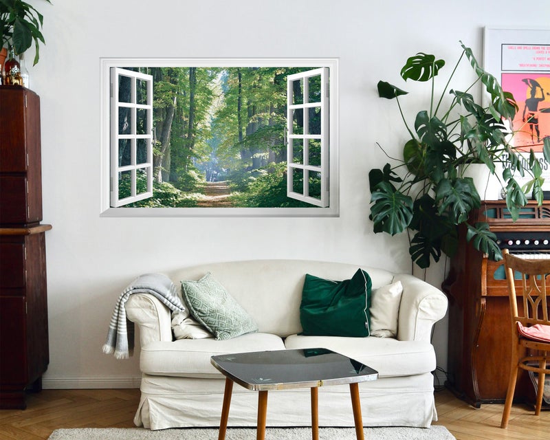 FLFK Fake Window Wall Mural - Road in The Forest Faux Window Wall Sticker for Wall Decor, Peel and Stick Wall Decals,48"x32",Set of 2 Sheets - Image 5