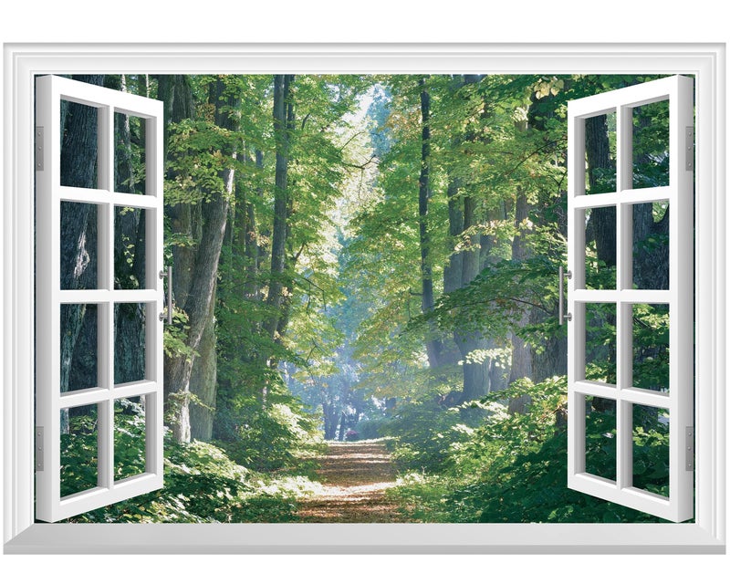 FLFK Fake Window Wall Mural - Road in The Forest Faux Window Wall Sticker for Wall Decor, Peel and Stick Wall Decals,48"x32",Set of 2 Sheets - Image 1