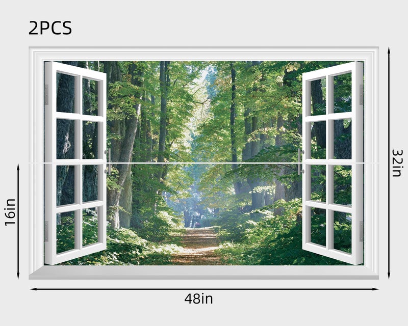 FLFK Fake Window Wall Mural - Road in The Forest Faux Window Wall Sticker for Wall Decor, Peel and Stick Wall Decals,48"x32",Set of 2 Sheets - Image 2