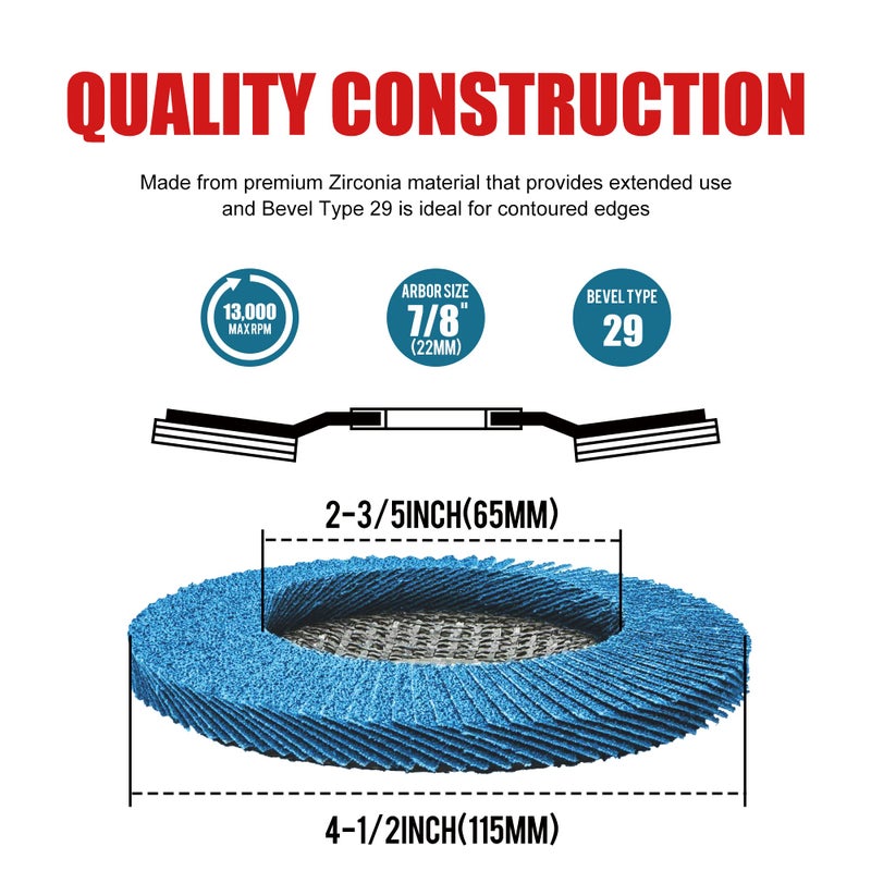 EZARC Flap Disc 20 Pack, 4.5" x 7/8", T29 Zirconia Abrasive Grinding Wheel, 40/60/80/120 Assorted Grits Flap Sanding Disc for Metal, Stainless Steel - Image 2