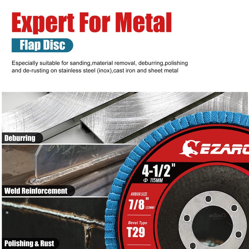 EZARC Flap Disc 20 Pack, 4.5" x 7/8", T29 Zirconia Abrasive Grinding Wheel, 40/60/80/120 Assorted Grits Flap Sanding Disc for Metal, Stainless Steel - Image 4