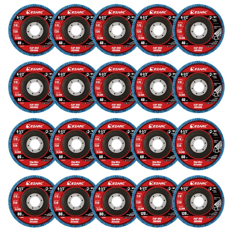 EZARC Flap Disc 20 Pack, 4.5" x 7/8", T29 Zirconia Abrasive Grinding Wheel, 40/60/80/120 Assorted Grits Flap Sanding Disc for Metal, Stainless Steel - Image 1