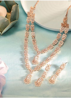 Priyaasi Rose Plated American Diamond Layered Necklace  Earrings  - Image 1