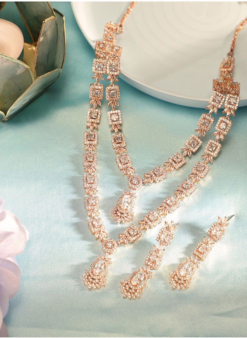 Priyaasi Rose Plated American Diamond Layered Necklace  Earrings  - Image 1